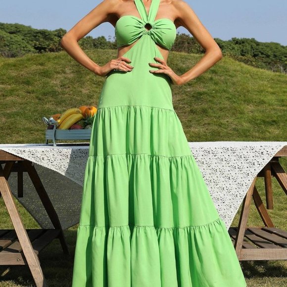 Green Ruffle Hem Tie Backless Maxi Halter Dress - Picture 3 of 9